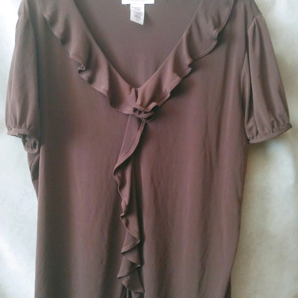 Short sleeve brown blouse with ruffle accent